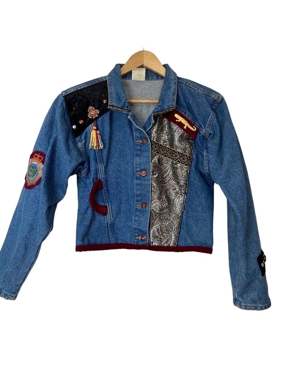 VINTAGE crop denim jacket blue jean unique embellishments small